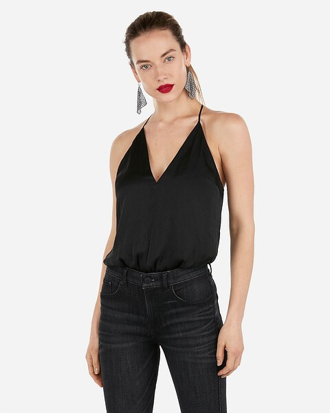 satin deep v halter lace thong bodysuit | Express