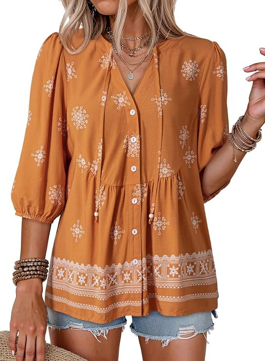 Dokotoo Womens Summer Tops Boho Floral Short Sleeve Button Down V Neck Peplum Babydoll Casual Loo... | Amazon (US)