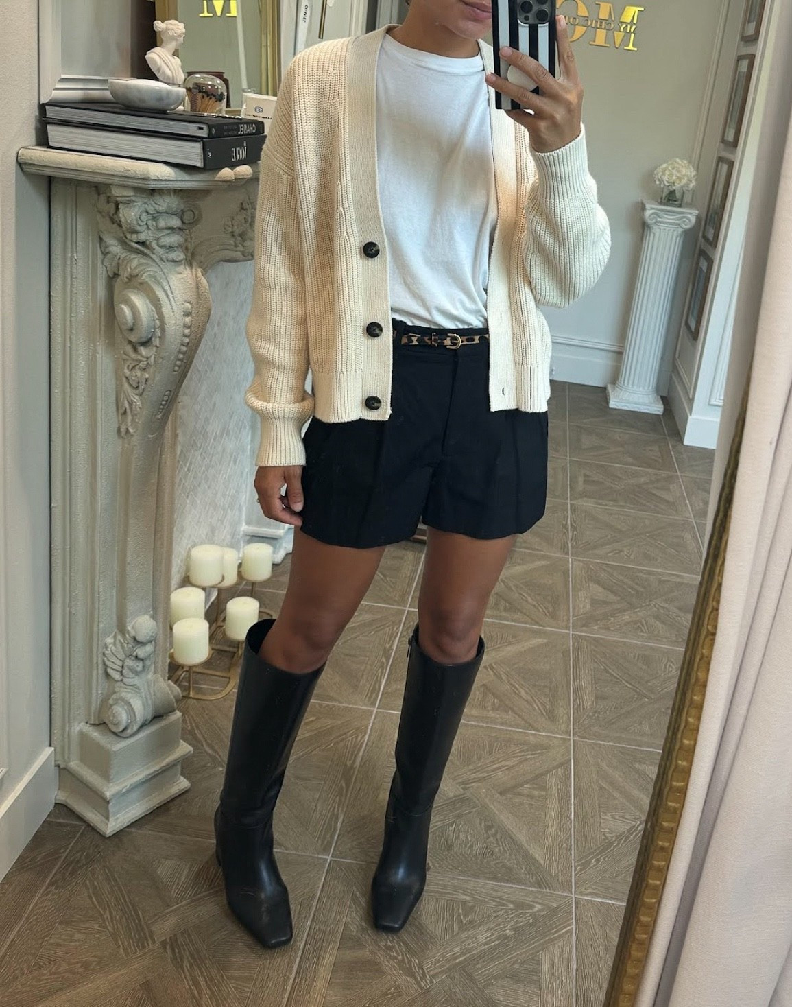 black shorts, white t-shirt, cardigan, knee-high boots, leopard print belt 

#LTKootd