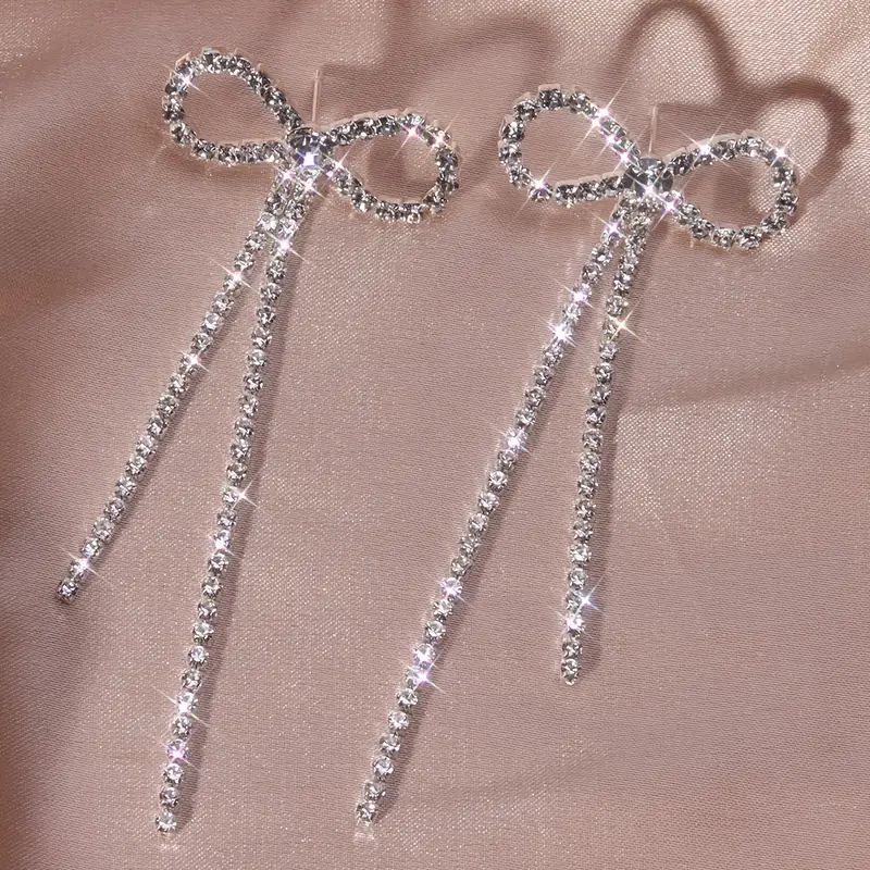 Delicate Bowknot Rhinestones Long Tassel Stud Earrings - Temu | Temu Affiliate Program