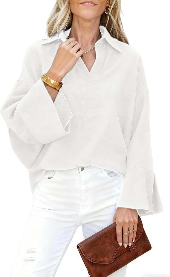 Watashi Women Button Down Shirt Casual Striped Print Dress Shirts Loose Long Sleeve Collared Offi... | Amazon (US)