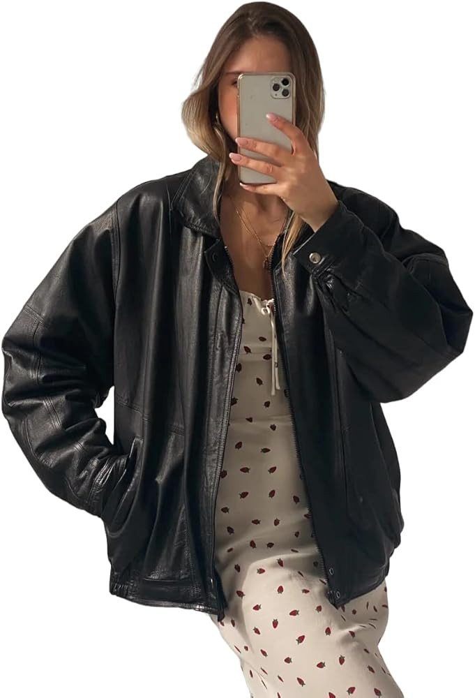 Women’s Fashion 90s Leather Jacket Oversized Leather Bomber Jacket | 90’s Retro Vintage Leath... | Amazon (US)