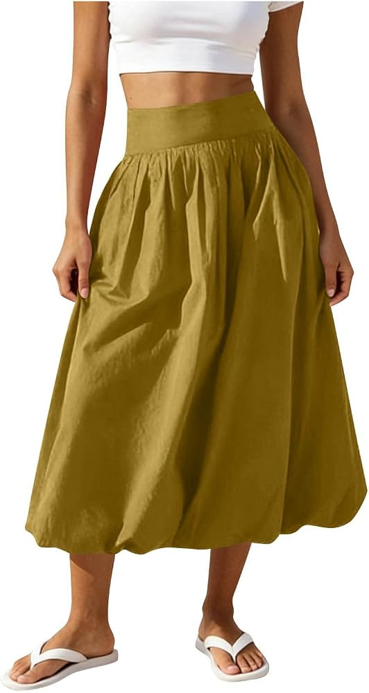 Women's Bubble Skirts Elastic Waist A Line Pleated Ruffle Skirts Summer Flowy Comfy Vacation Maxi... | Amazon (US)