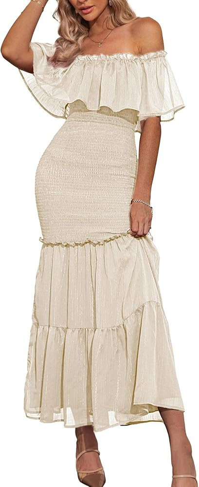 BerryGo Women's Elegant Maternity Off The Shoulder Ruffle Bodycon Maxi Dress Smocked Bridesmaid W... | Amazon (US)