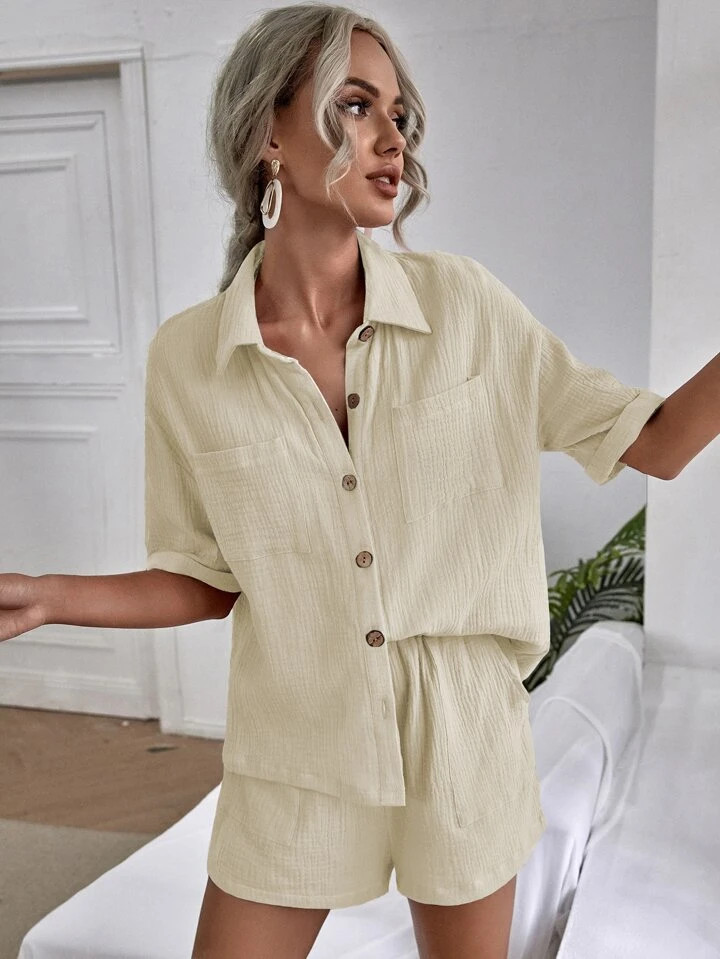 SHEIN Essnce Drop Shoulder Dual Pocket Shirt & Shorts | SHEIN