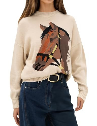 Ardrem Crew Neck Horse Sweater for Women Y2k Long Sleeve Sweaters Oversized Graphic Knit Pullover Fall Winter Sweater Beige | Amazon (US)