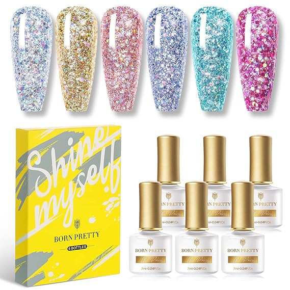 Born Pretty Glitter Gel Nail Polish Set Sparkly Shiny Gold Silver Pink Glitter Gel Polish Kit Soa... | Amazon (US)