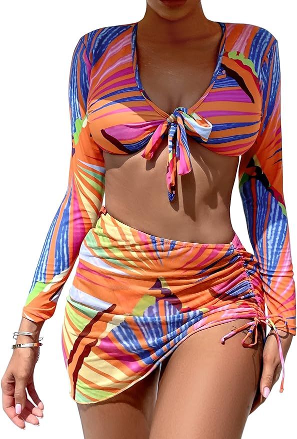 Romwe Women's 3 Piece Graphic Cheeky Bikini Swimsuit with Cover Up Skirt | Amazon (US)