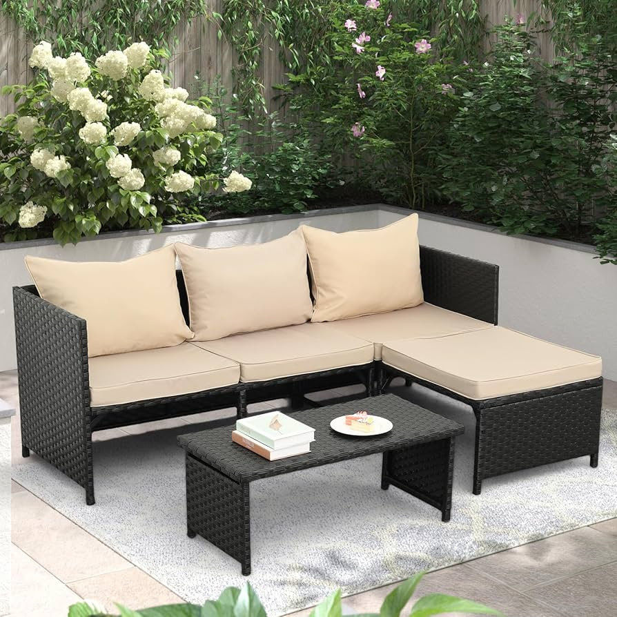 Valita 3-Piece Outdoor PE Rattan Furniture Set Patio Black Wicker Conversation Loveseat Sofa Sect... | Amazon (US)