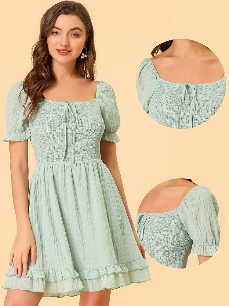 Allegra K Smocked Dress for Women's Cute Puff Sleeve Square Neck Ruffle Hem A-line Dress | Amazon (US)