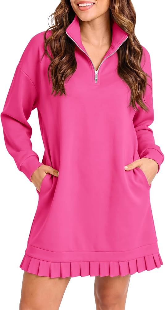 Fisoew Womens Casual Dress Half Zip Pleated Collared Sweatshirt Dresses | Amazon (US)