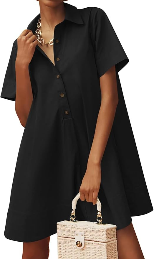 Wenrine Womens Button Down Shirt Dress Oversized Casual Short Sleeve Collared V Neck Summer Mini ... | Amazon (US)