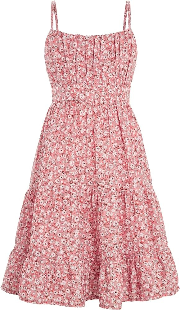 Floerns Girl's Floral Print Sleeveless Ruched Ruffle Hem A Line Cami Short Dress | Amazon (US)