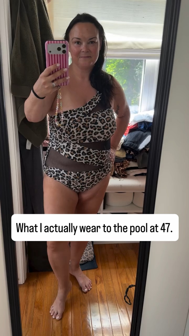 My go-to midsize pool day outfit featuring a leopard one-piece swimsuit, crochet cover-up set, comfortable sandals, and oversized sunglasses. This is the outfit I actually wear for summer pool days when I want to feel comfortable and put together.

#LTKSeasonal #LTKootd #LTKMidsize
