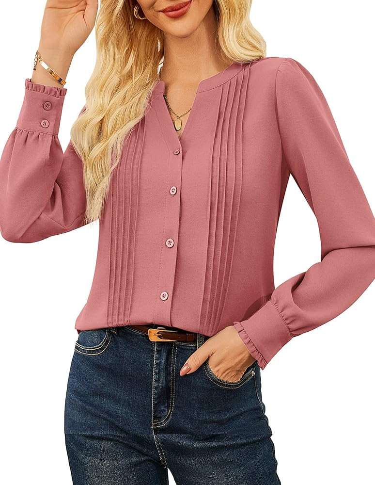 GRACE KARIN Womens Business Dressy Casual Blouses Pleated Long Sleeve Button Down Shirts V Neck W... | Amazon (US)