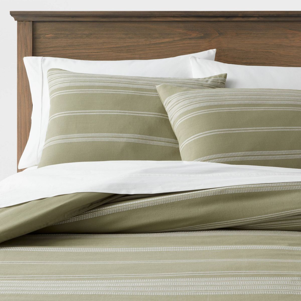 Twin/Twin Extra Long Cotton Woven Stripe Duvet Cover & Sham Set Moss Green/White - Threshold™ | Target