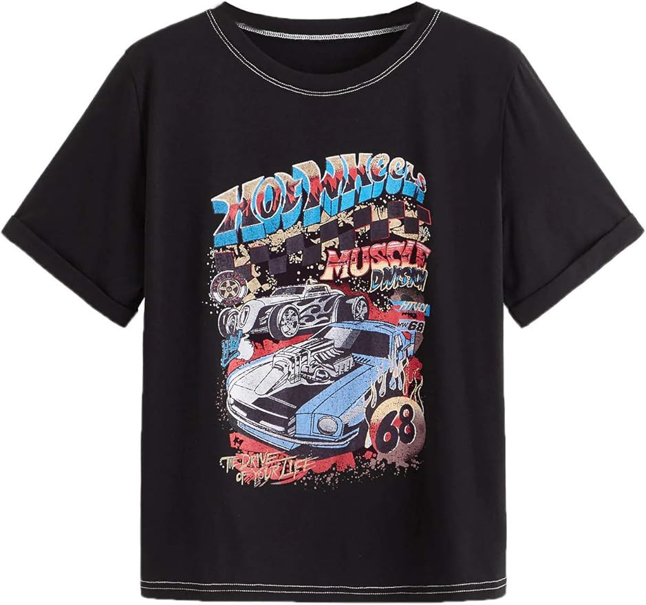 SheIn Women's Graphic Vintage Car T Shirt Letter Print Casual Tee Short Sleeve Round Neck Top | Amazon (US)