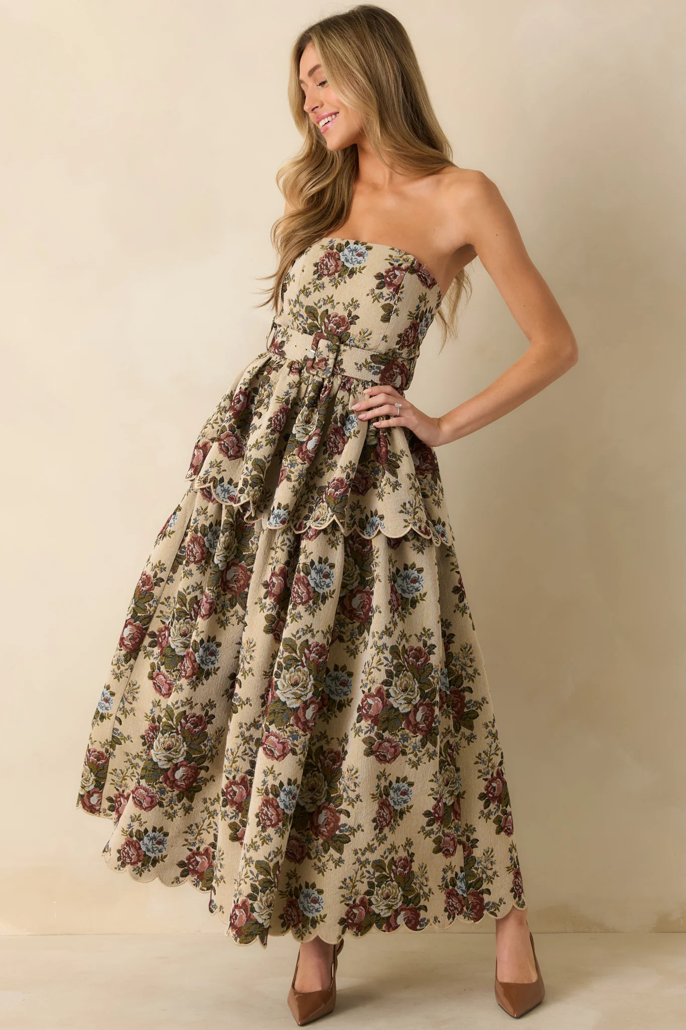Graceful Charm Beige Multi Floral Tapestry Strapless Midi Dress | Red Dress