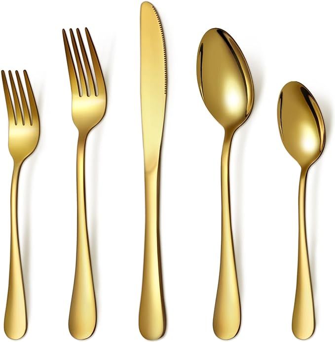 20 Piece Gold Silverware Set, Stainless Steel Flatware Utensil Sets for 4, Gold Cutlery Set Inclu... | Amazon (US)