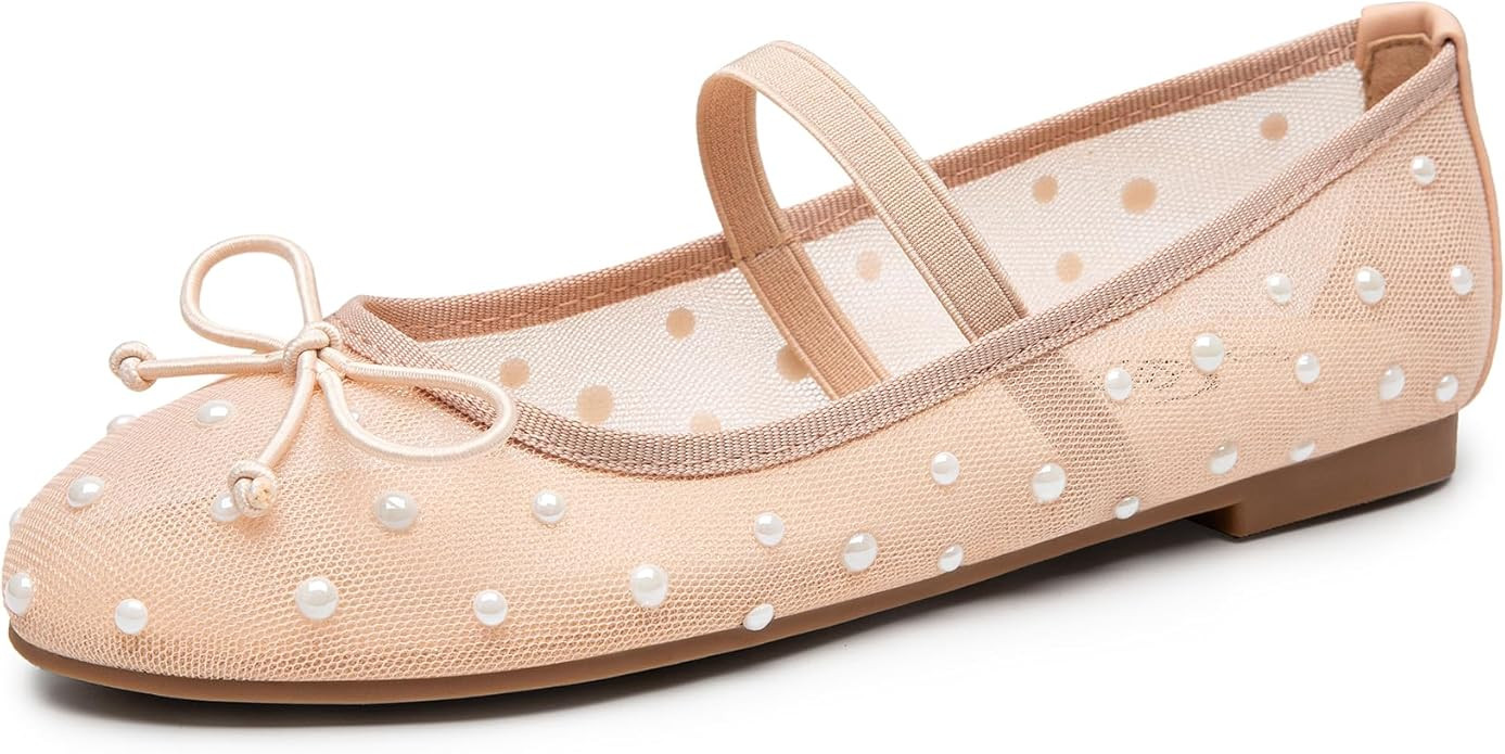 Trary Mesh Ballet Flats for Women, Pearl Ballet Flats Shoes for Women, Bow Mary Jane Shoes Women,... | Amazon (US)