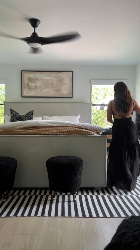 Cute maxi dress for summer! It fits tts. The shearling ottomans and black and white striped rug are amazon home finds.  The upholstered bed is amazing but it does need a box spring. We got one on amazon! #meandmrjones 

#LTKunder100 #LTKunder50 #LTKhome