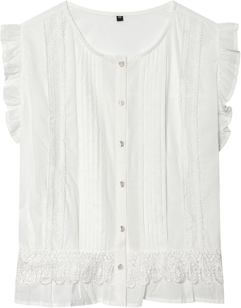 Chevara Women’s Cute Ruffle Shirt Sleeveless Button Down Summer Blouses Tops Pleated Shirts(036... | Amazon (US)