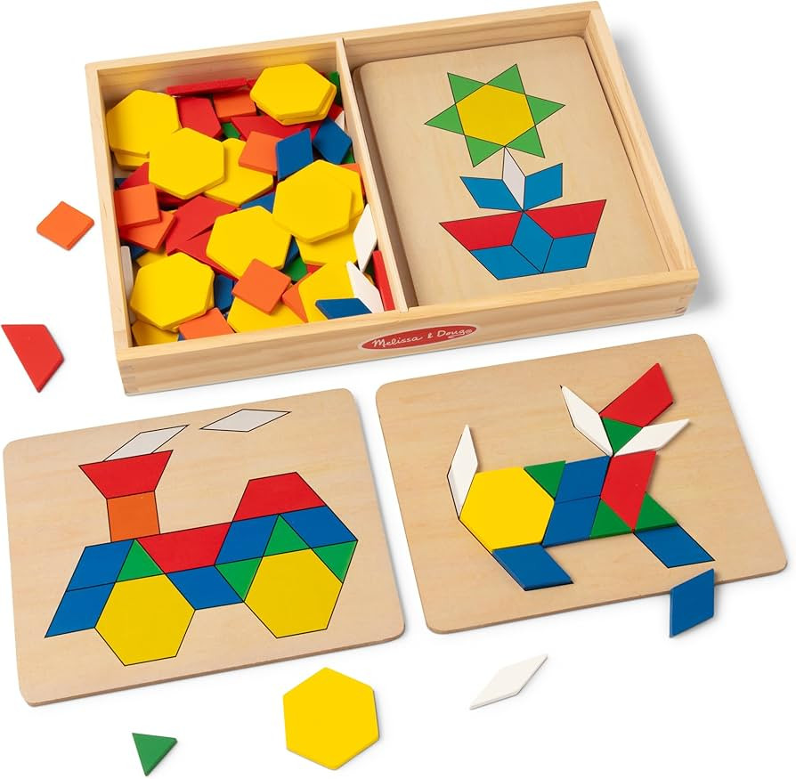 Melissa & Doug Pattern Blocks and Boards with 120 Multi-Colored Wooden Shape Tiles, 5 Double-Side... | Amazon (US)