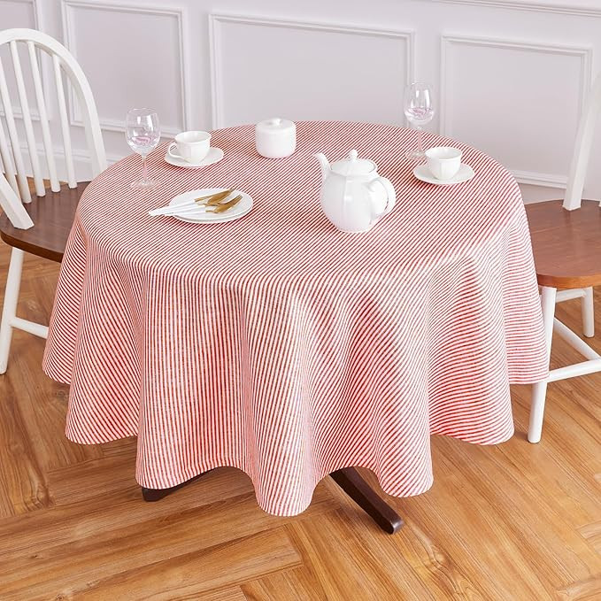 Solino Home Round Tablecloth 70 Inch - Narrow Stripe, 100% Pure Linen Red and White Round Tablecl... | Amazon (US)