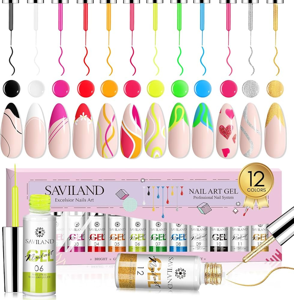 Saviland Gel Paint Nail Polish Set - Gel Liner Nail Art Polish Set 12 Colors Gel Paint Set with W... | Amazon (US)