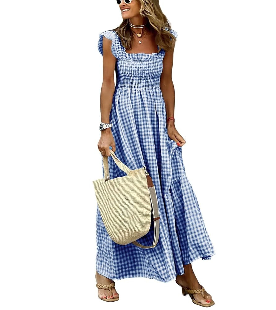 chouyatou Women's Retro Plaid Smocked Dress Spaghetti Strap Flounce Long Dress | Amazon (US)