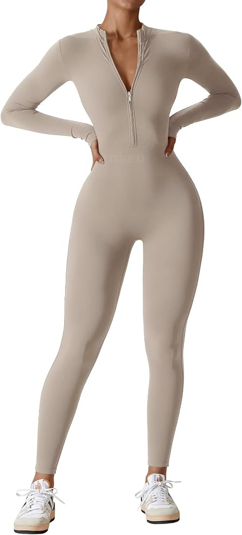 YEOREO Women Long Sleeve Workout Jumpsuit Zip Up Romper Bottom Pants Bodysuit Bodycon Sexy One Pi... | Amazon (US)