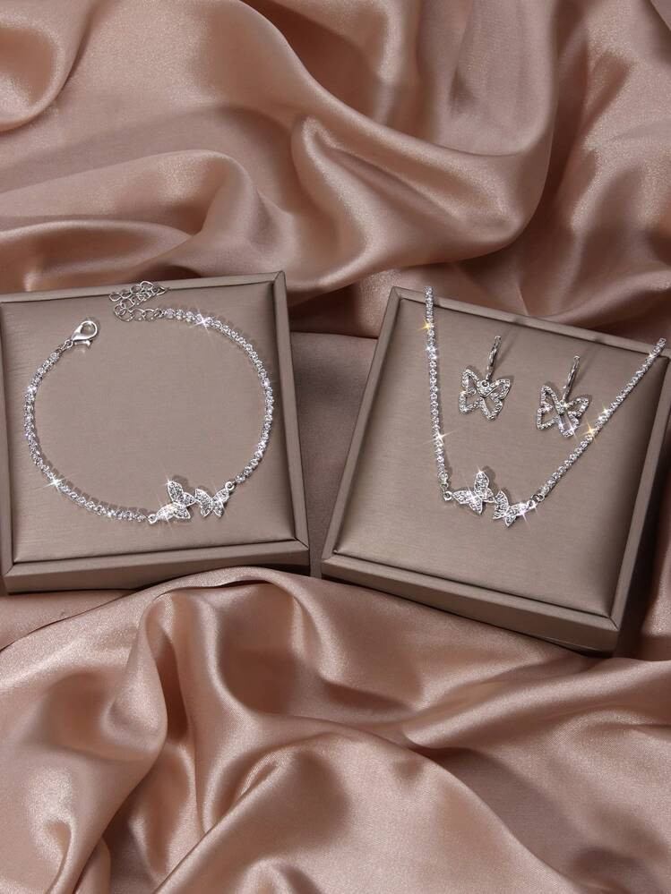 Fashionable Rhinestone Earrings Necklace Bracelet Butterfly Pendant Jewelry Set For Women Party Wedding Gift | SHEIN