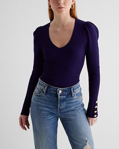 Silky Soft Fitted Puff Sleeve Novelty Button Sweater | Express
