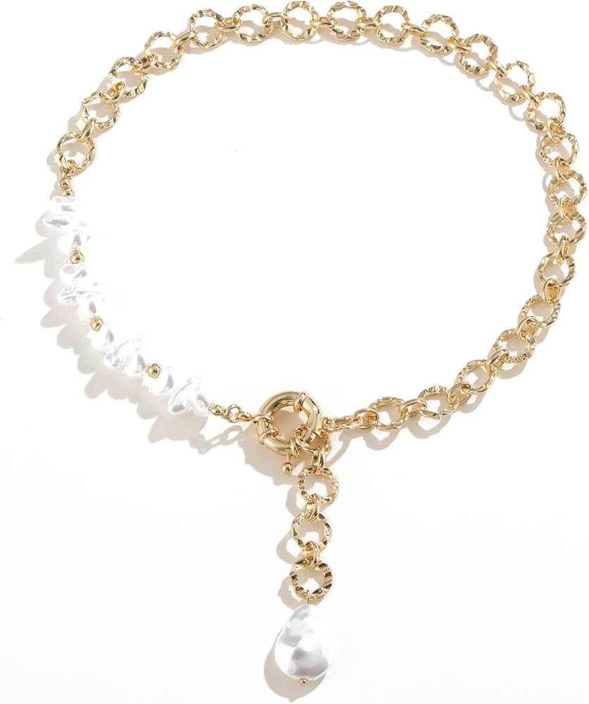 Statement Pearl and Chain Necklace,Mixed Chain and Trendy Organic Pearl Choker,Chunky Necklaces f... | Amazon (US)