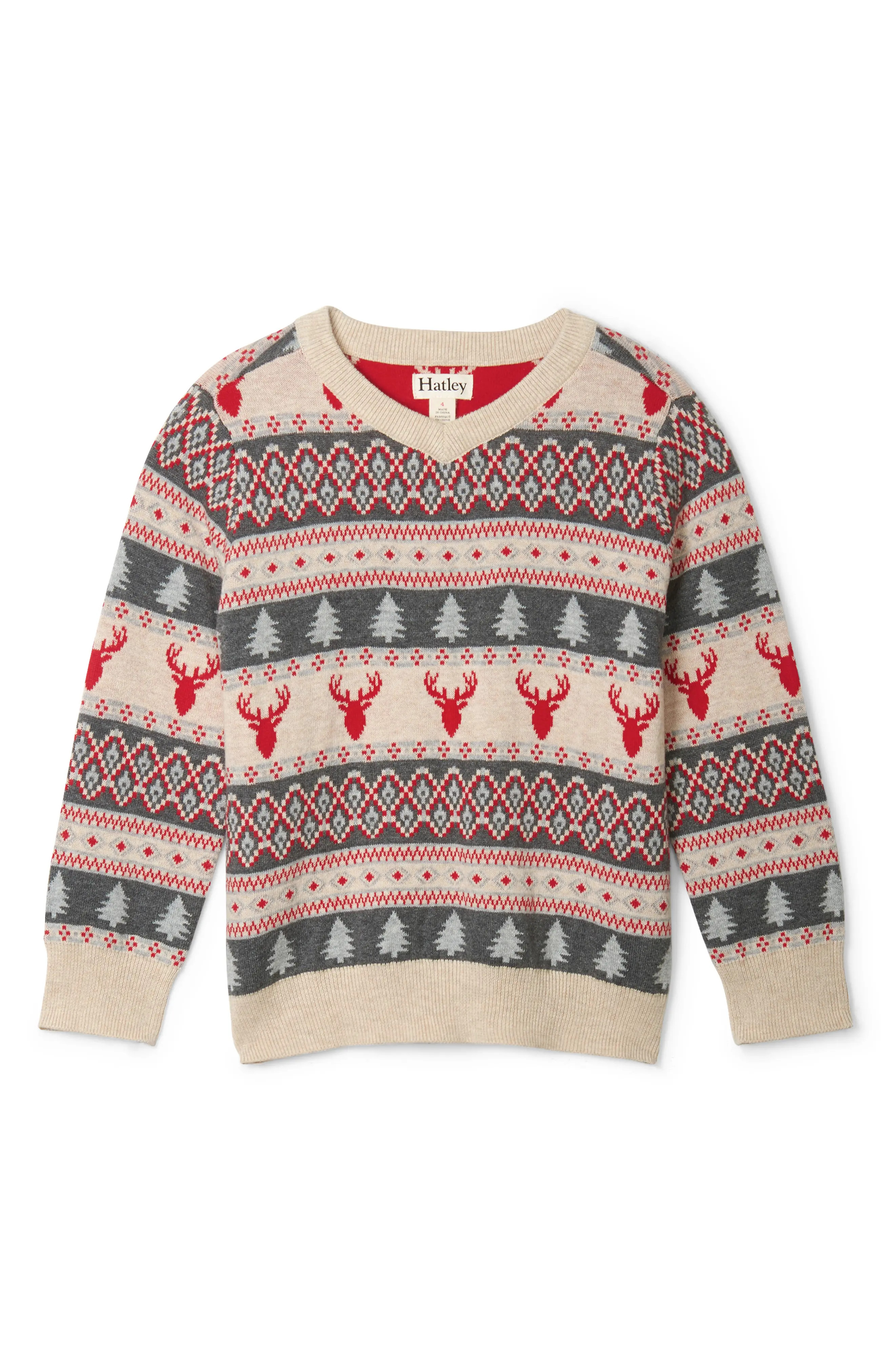 Boy's Hatley Kids' Fair Isle Deer V-Neck Sweater, Size 8 - Beige | Nordstrom