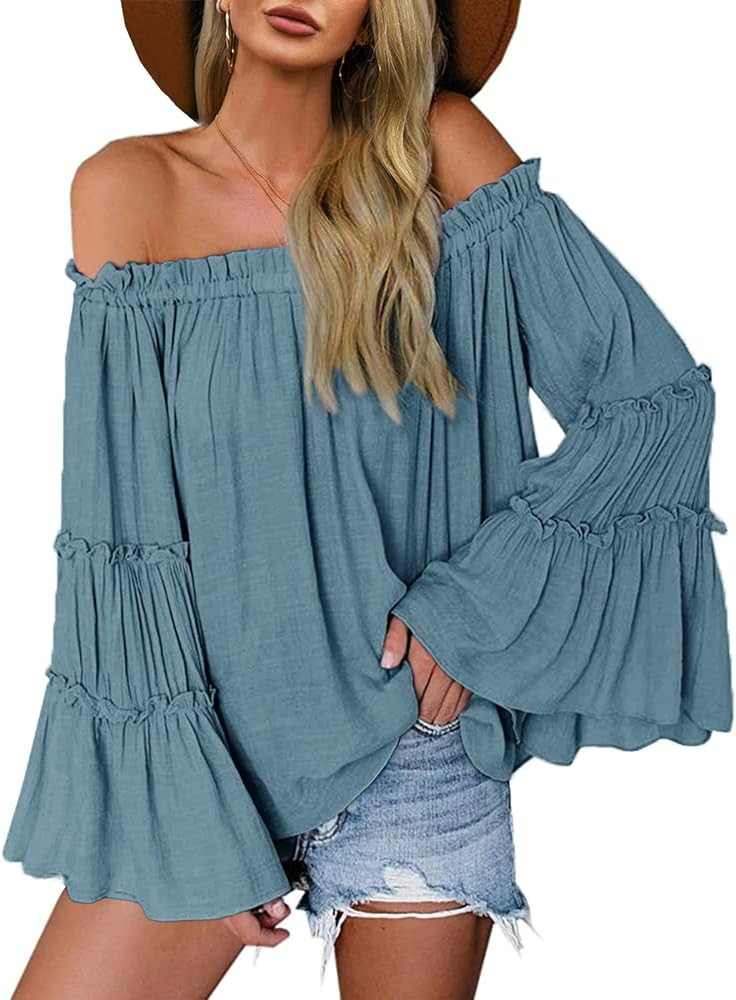 Womens Off The Shoulder Long Bell Sleeve Tops Flared Casual Loose Blouse | Amazon (US)