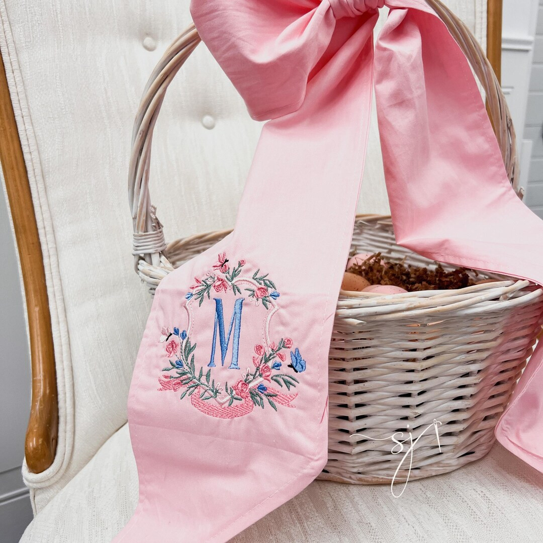 Floral Monogram Crest Embroidered Easter Basket Bow, Newborn Baby Sash, Bunny Spring Custom Pink ... | Etsy (US)