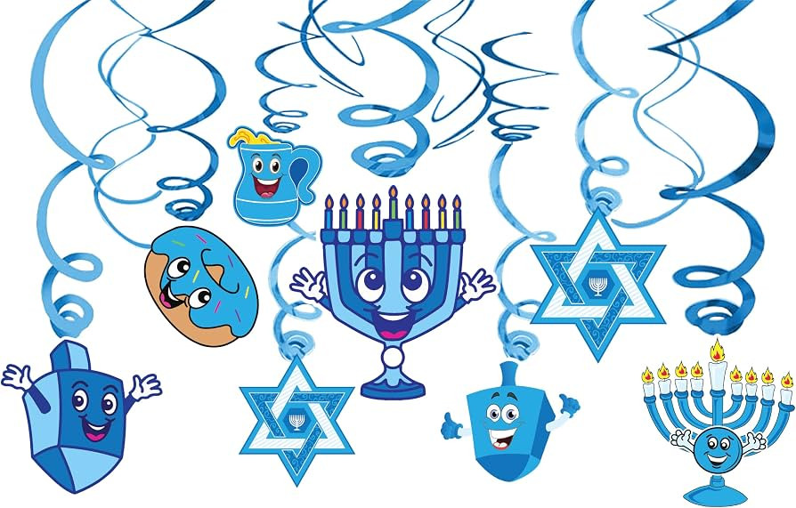 Hanukkah Swirl Decorations - 15 Foil Swirls with Menorah, Dreidel and Star Cutouts - Blue and Whi... | Amazon (US)