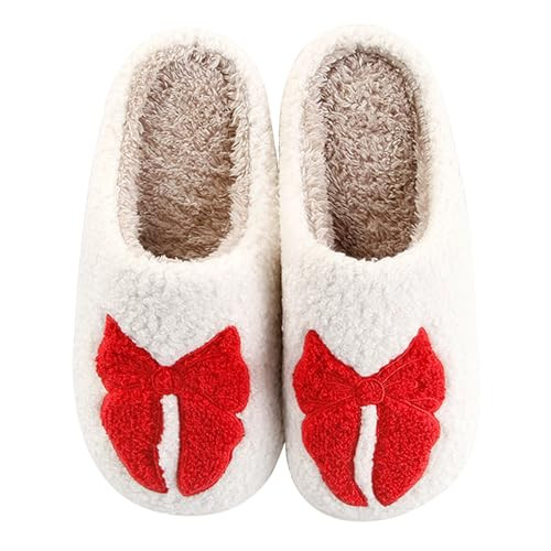 USSOLYW Bow Slippers For Womens Mens Slippers Plush Fluffy Warm slippers Indoor House Home Shoes Red Bow 4344 | Amazon (US)