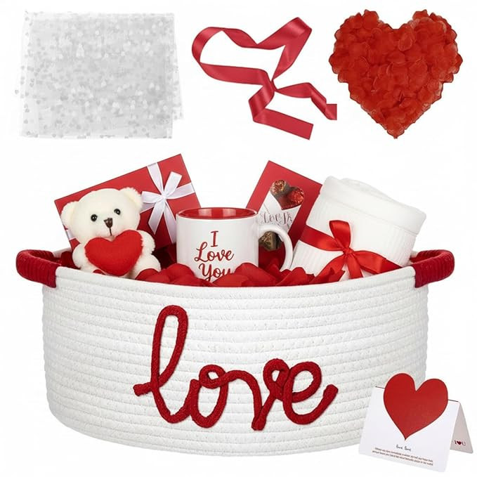Colingmill Valentine's Day Woven Gift Basket with Bags Ribbon Gift Artificial Silk Rose Petals to... | Amazon (US)