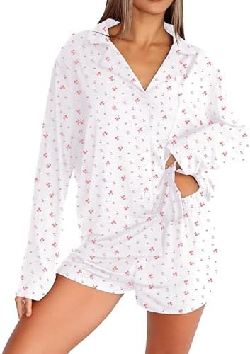 Dressmine Pajama Sets for Women 2 Piece Shorts Cute Button Up Pjs Set Fall Sleepwear Long Sleeve ... | Amazon (US)