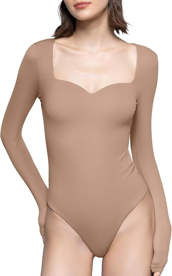 PUMIEY Women's Sweetheart Neck Long Sleeve Bodysuit Slimming Body Suit Going Out Tops Smoke Cloud... | Amazon (US)