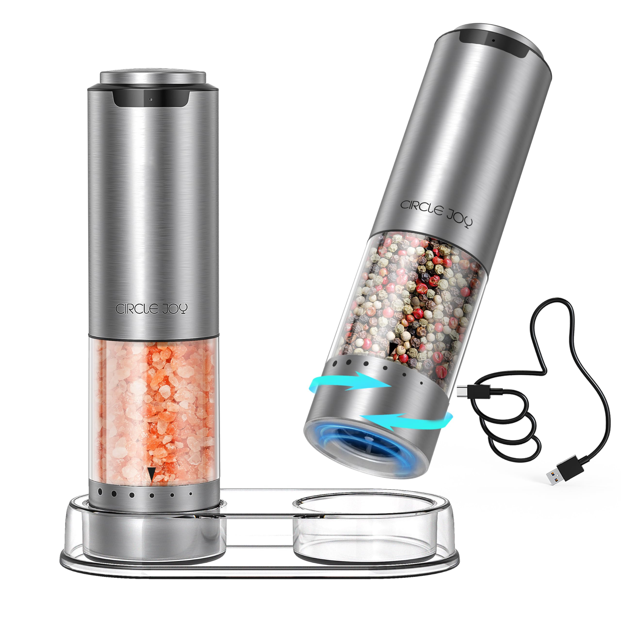 CIRCLE JOY Rechargeable Electric Salt and Pepper Grinder Set with Base, Stainless Steel Pepper Mills with 95ml Container, White LED Light and External Adjustable Coarseness, Silver | Amazon (US)