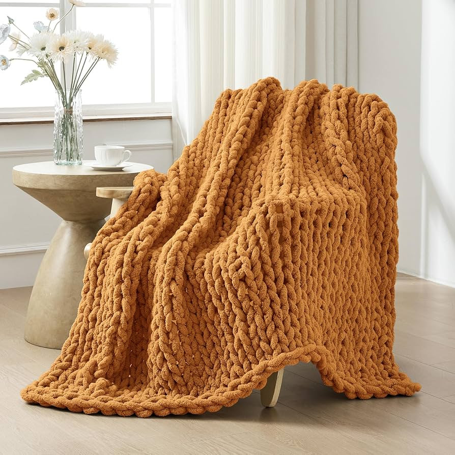 Bigacogo Chunky Knit Throw Blanket for Couch, 40x60 inches, Burnt Orange | Amazon (US)