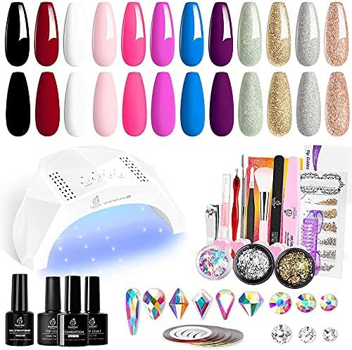 Beetles 12 Colors Gel Nail Polish Starter Kit with U V Light 48W LED Nail Lamp Gel Base Top Coat Cur | Amazon (US)
