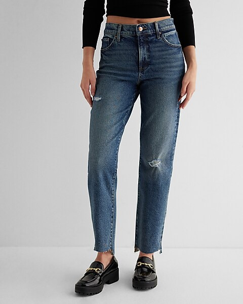 High Waisted Medium Wash Ripped Raw Hem Straight Ankle Jeans | Express