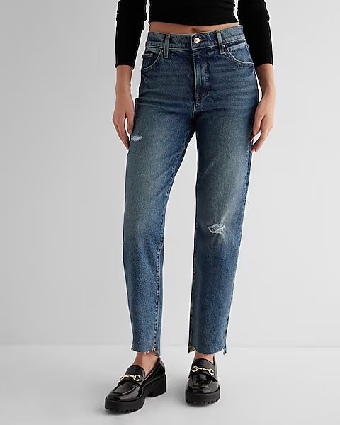 High Waisted Medium Wash Ripped Raw Hem Straight Ankle Jeans | Express