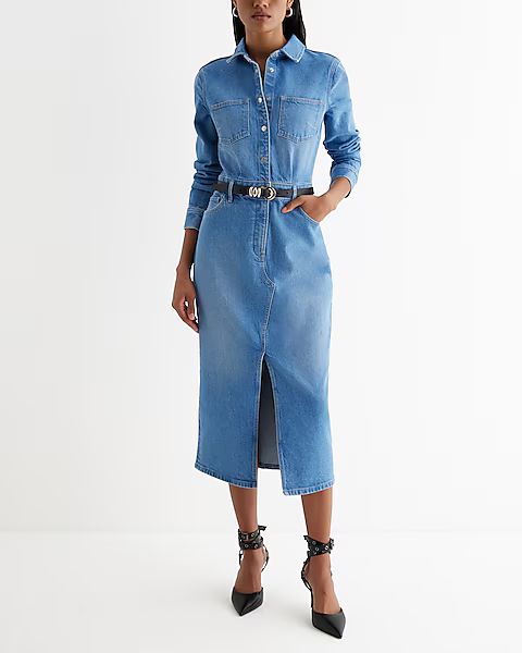 Denim Long Sleeve Front Slit Midi Shirt Dress | Express
