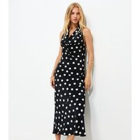 Women's Black Satin Polka Dot Cowl Halterneck Midi Dress New Look | New Look (UK)
