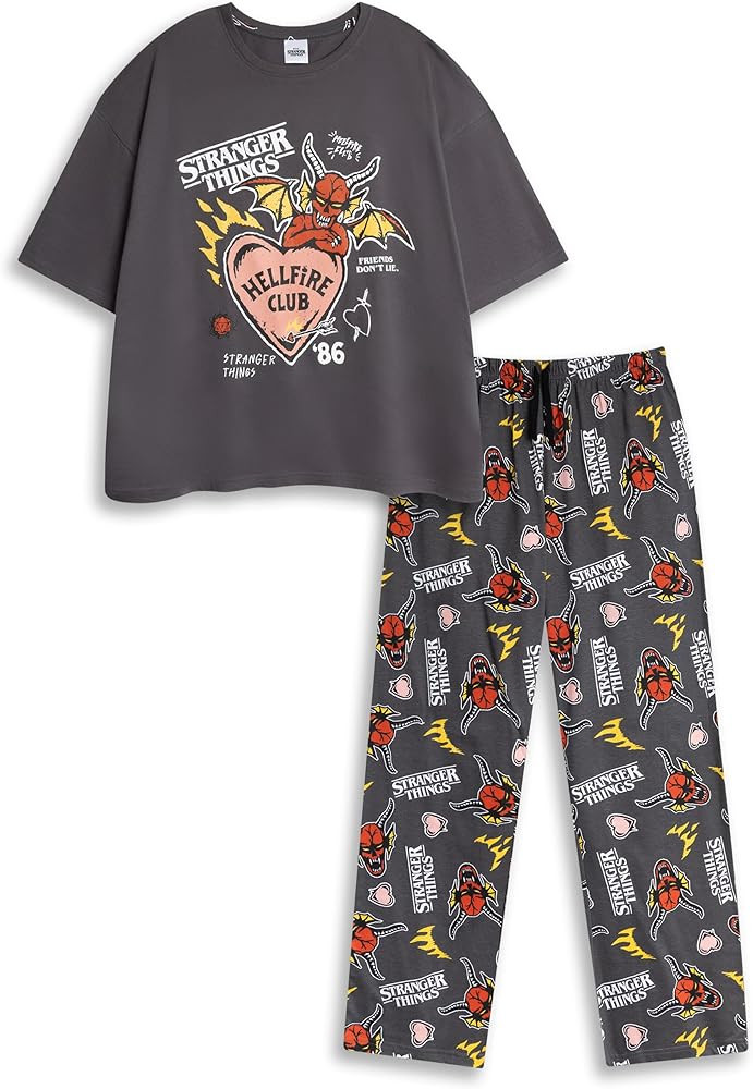 Stranger Things Hellfire Club Womens Black Short Sleeve Long Leg Pyjama Set | Graphic Tee & Carto... | Amazon (US)